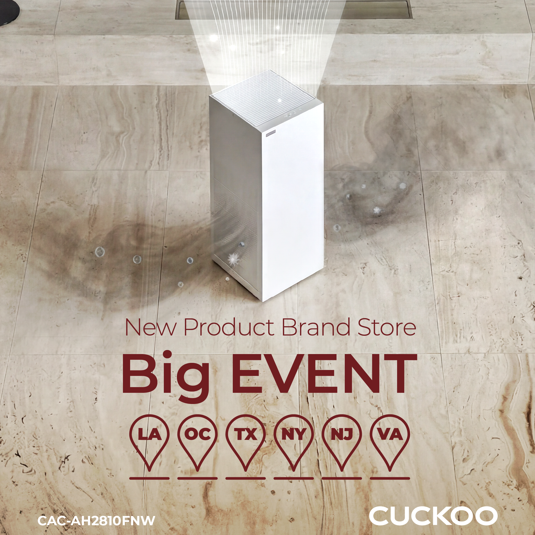 Cuckoo air purifier event graphic featuring clean airflow visuals, location pins, and a brand store event announcement.