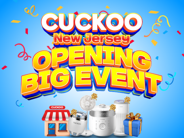 Cuckoo New Jersey store grand opening big event banner with festive confetti, gift boxes, and featured appliances.