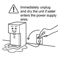 Illustration showing a water purifier or dispenser unit with a smiling face icon, with water pooled at its base indicating leakage into the power supply area. A hand is shown reaching to unplug the unit from the wall, conveying the instruction to immediately unplug and dry the unit if water enters the power area.