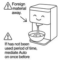 Cartoon illustration of a water purifier with a smiling face and a bowl positioned beneath the dispensing nozzle, suggesting the auto cleansing cycle is in progress with water flowing into the bowl.