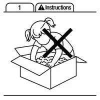 Illustration of a young child with pigtails reaching into or playing with an open cardboard box, with styrofoam packing material visible. The child appears to be leaning into the box, indicating a suffocation hazard.