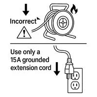 Illustration of a movable extension cord reel or spool with a single plug connected, indicating the correct use of an extension cord rated at 15A that is properly grounded. The extension cord appears as a drum-style reel type.