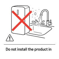 Illustration showing a water purifier unit with a large red X over it, placed near a sink with water splashing and dust particles around it, indicating it should not be installed in moist or dusty environments.