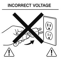 Illustration of a hand attempting to insert a power plug into an electrical outlet, with a large red X over the image indicating this action is prohibited when using incorrect voltage. The outlet is shown on a wall plate with two slots.