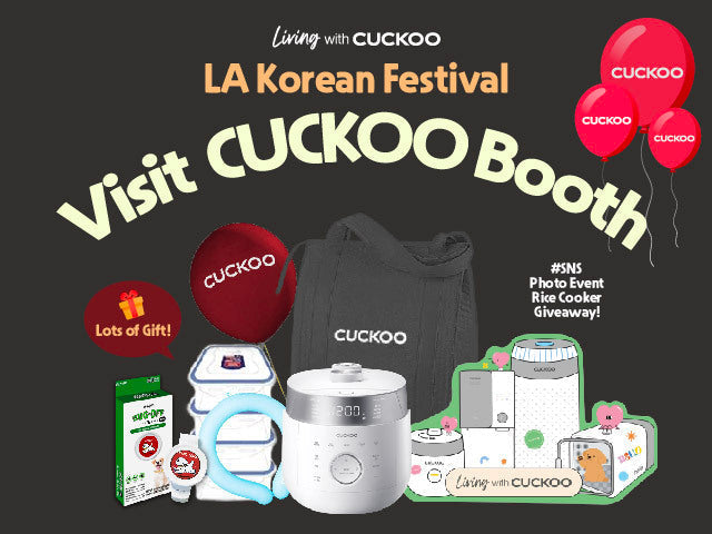 Cuckoo booth promotion at the LA Korean Festival, featuring free gifts, an SNS photo event, and a rice cooker giveaway.
