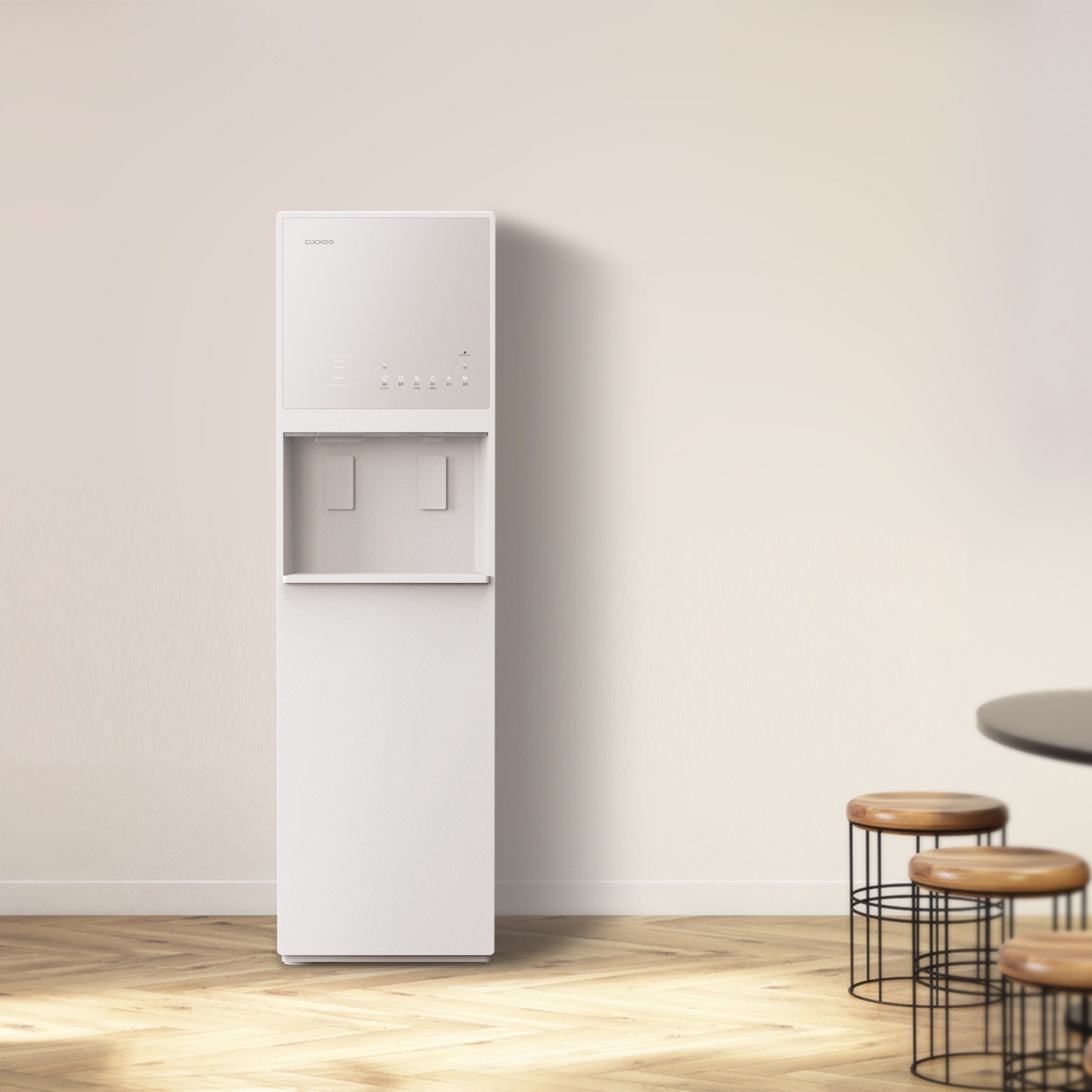 Cuckoo tall white water purifier with touch controls and dispenser area, placed in a minimalist room setting.