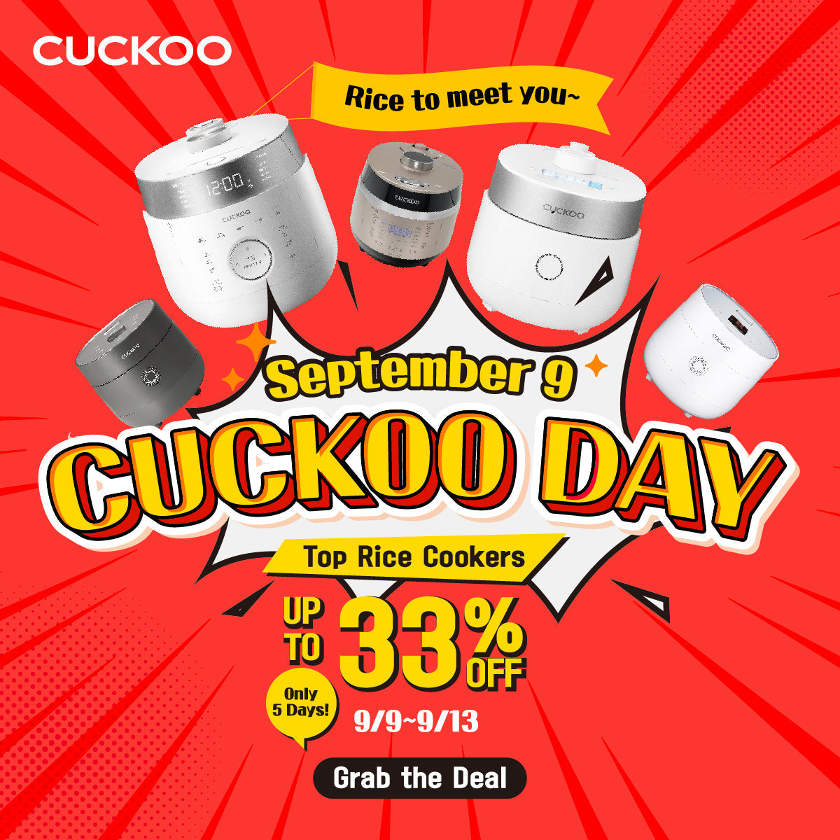 Cuckoo Day promotion graphic featuring top rice cookers with up to 33% off from September 9 to 13.