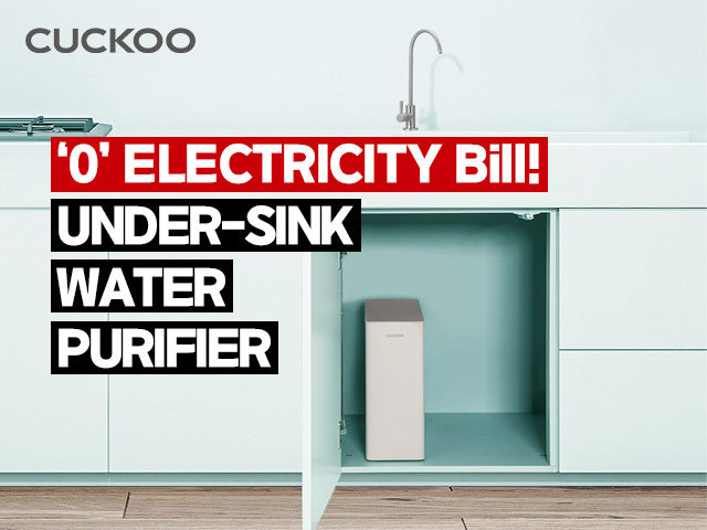 Cuckoo under-sink water purifier ad promoting zero electricity bills with a sleek design installed under a kitchen sink.