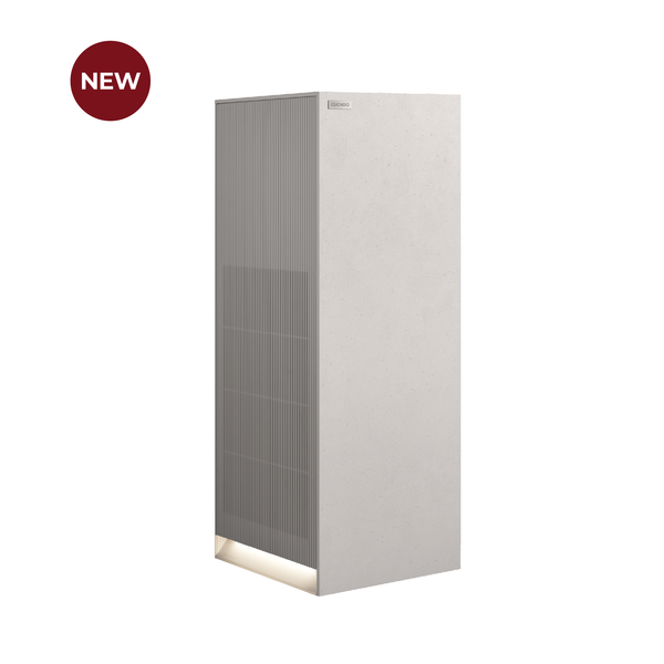 Inspure Heritage Air Purifier in Earth Warm White, angled front view with a new product badge. (CAC-AH2810FNW)
