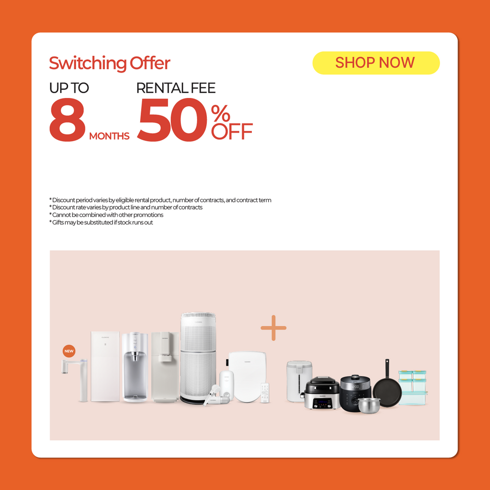 Promotional graphic for a switching offer featuring up to 8 months rental fee and 50% off, with a yellow 'SHOP NOW' button and a collage of kitchen appliances on a white card over an orange background.