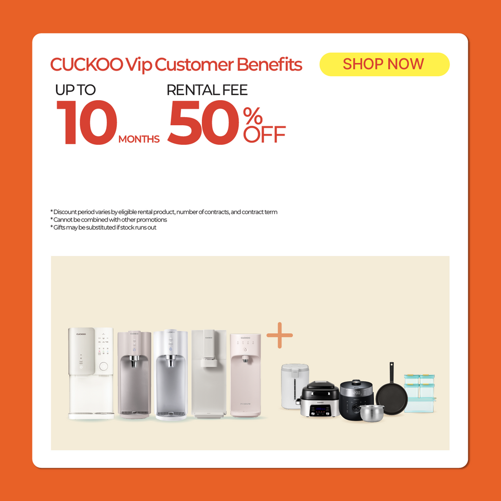 Promotional graphic for Cuckoo customer benefits, featuring a 50% off rental fee for up to 10 months. The image displays a bundle of kitchen appliances, including water makers, a coffee maker, a rice cooker, and a frying pan, set against a white card on an orange background with a yellow 'SHOP NOW' button.