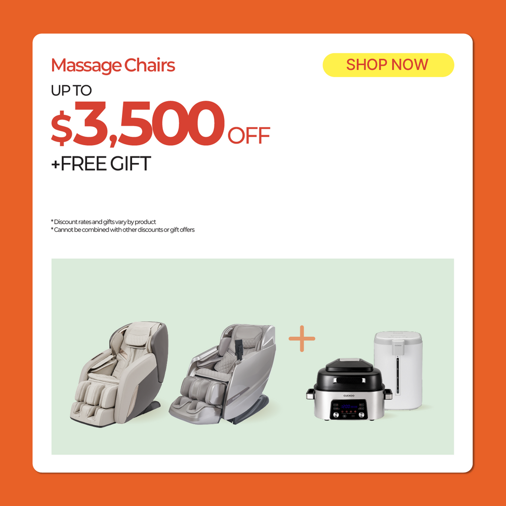 Promotional banner for massage chairs offering up to $3,500 off with a free gift. The top section features red and black text on a white background with a yellow 'SHOP NOW' button, and the bottom section shows three products (two massage chairs and a kitchen appliance) on a light green background, all framed by a solid orange border.