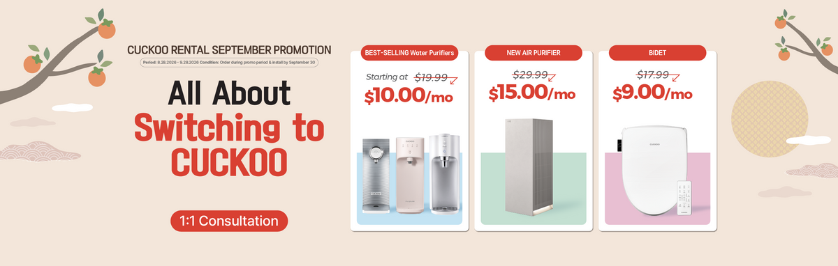 Promotional banner for Cuckoo rental featuring a September promotion with the headline 'All About Switching to Cuckoo.' Three product cards show different water purifiers: a white and silver model at $10.