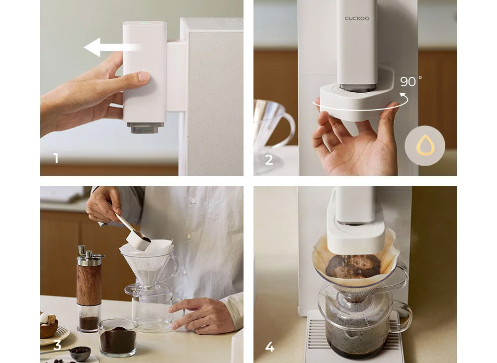 CUCKOO STEAM 100 Barista guide showing 4 brewing steps, 6 recipes, and detachable drip module usage options. (cp-abnc100)