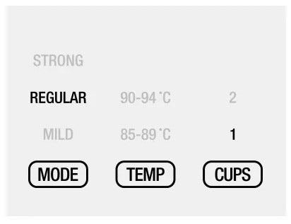 A close-up of a control panel or settings screen showing temperature and cup settings: 'STRONG', 'REGULAR', 'MILD' with temperatures 90-94 °C and 85-89 °C, and cup counts 2 and 1, plus buttons labeled MODE, TEMP, and CUPS.