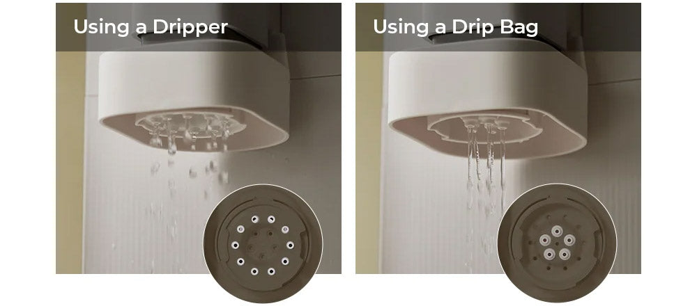 A side-by-side comparison showing two dripper modules called Dripper and Drip Bag. Dripper has a wider circular pattern of drips with random water drops. Drip Bag has a smaller circular pattern of drops with more constant stream of water.