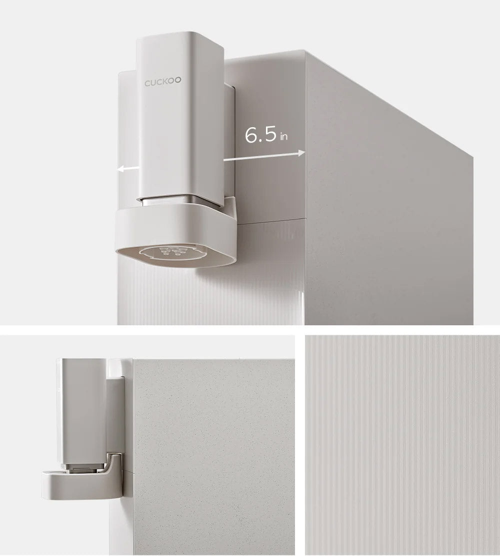 CUCKOO STEAM 100 Barista water purifier featuring a slim 6.5-inch width, neutral tones, and a minimalist design. (cp-abnc100)