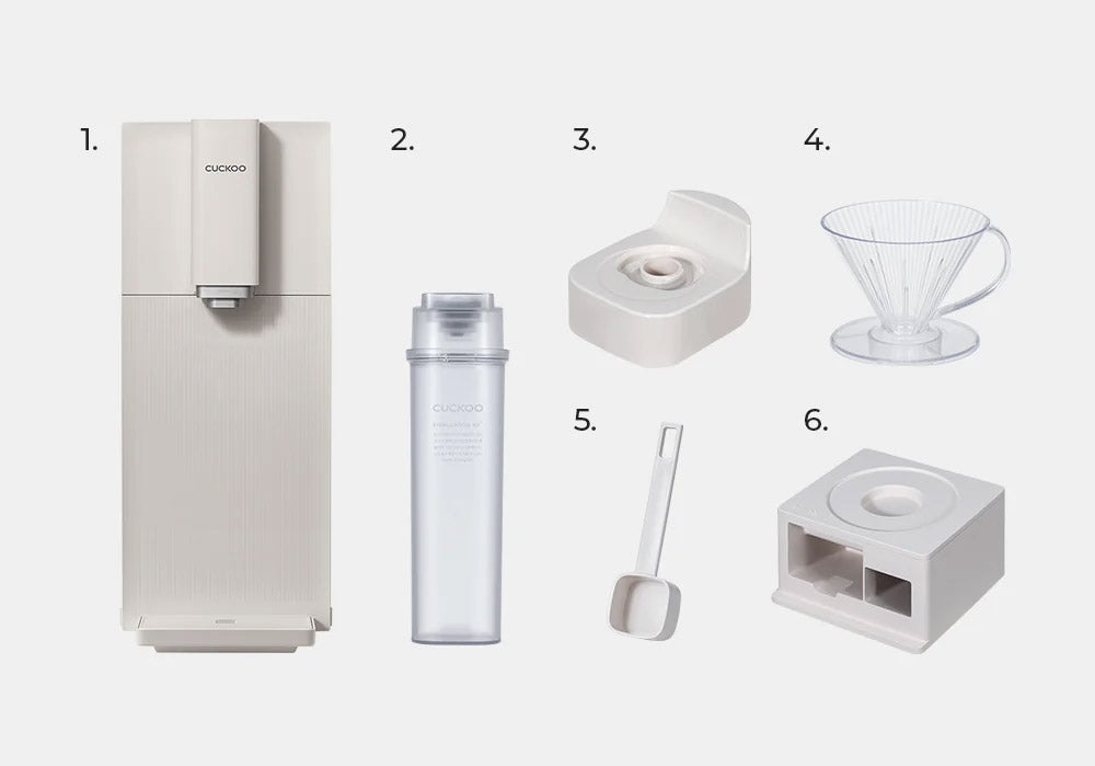 CUCKOO STEAM 100 Barista components list: Main Unit, Cleaning Cup, Drip Module, Coffee Dripper, Spoon, and Case. (cp-abnc100)