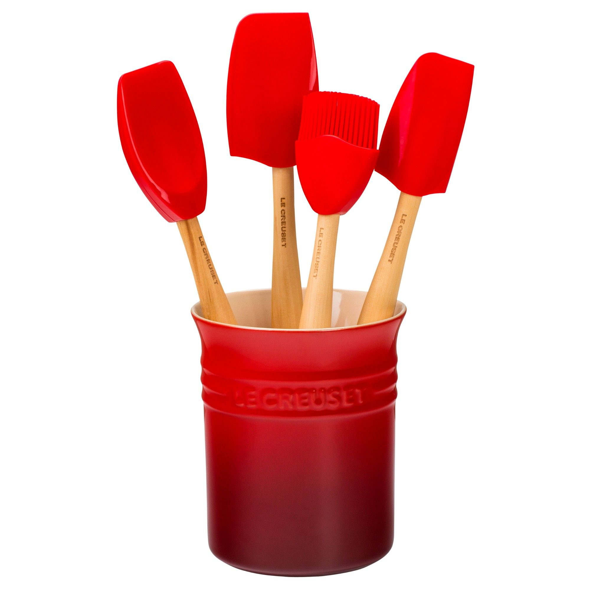 [C05] Le Creuset 5-Piece Utensil and Holder Set- Cerise