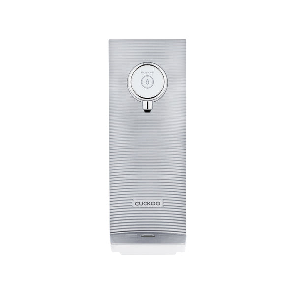 CUCKOO Fit Water Purifier in silver shown from a front view featuring a textured vertical body and circular control dial. (CP-MN031)