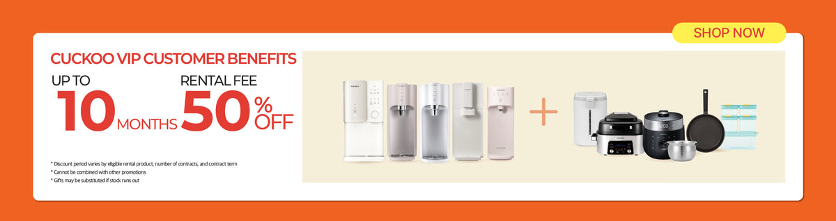 Promotional banner for Cuckoo VIP customer benefits, offering up to 10 months 50% off. The left side features orange and white text with a yellow 'SHOP NOW' button.