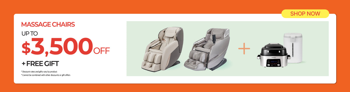 Promotional banner for massage chairs featuring three products: two beige massage chairs and a black and white automatic massager, set against a light green background with an orange border. Text highlights 'UP TO $3,500 OFF' and includes a 'SHOP NOW' button.