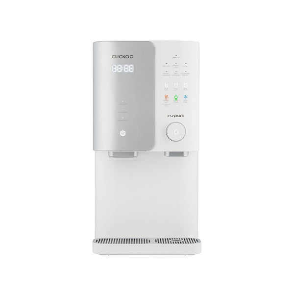 Inspure ZERO100 white water purifier with a silver front panel, digital display, control buttons, and dispensing outlet. (cp-sn102hw)