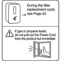 Cartoon illustration showing a water purifier next to an open window. A hand is shown pushing the window open, indicating ventilation. The scene implies a gas leak situation where the window should be opened rather than unplugging the device.