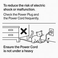 Illustration showing a power cord running along the floor near a piece of furniture (a dresser or cabinet) with a cat or pet nearby. The cord is shown potentially being chewed or trapped under the furniture, indicating the hazard of pet damage or heavy objects on the cord.