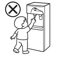 Illustration of a child reaching up toward a water purifier appliance, with an X symbol indicating this is not permitted. The child is shown standing next to the tall appliance and attempting to interact with its controls or dispenser.