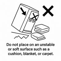 Illustration showing a water purifier tipping over on an uneven or sloped surface with a red X, indicating it must not be placed on unstable, padded, or soft surfaces such as cushions, blankets, or carpet.