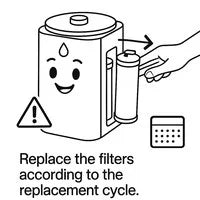 Cartoon illustration of a water purifier with a cheerful face. A hand is shown replacing or inserting a filter cartridge on the side of the unit, indicating the filter replacement procedure.