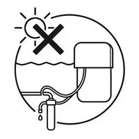 Illustration showing a water purifier placed in direct sunlight with a sun symbol and a large red X over it, indicating the product should be kept away from direct sunlight and high-temperature environments.