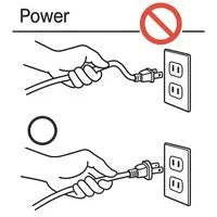 Two illustrations side by side. The top illustration shows a hand gripping a power cord (not the plug) near an electrical outlet, with a large red X over it indicating this is prohibited. The bottom illustration shows a hand correctly gripping the power plug itself to unplug it from the outlet, with a circle indicating this is the correct method.