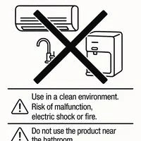 Illustration showing a water purifier placed next to an air conditioner or heater unit with a large red X over the scene, indicating the product should not be installed near gas sources, air conditioners, or heaters.
