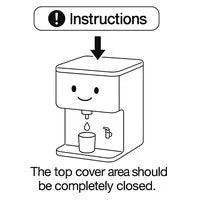 Cartoon illustration of a water purifier appliance with a smiling face. The top cover of the unit is shown closed and secured. An arrow or indicator points to the top cover area, emphasizing that it should be completely closed before use.