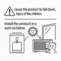 Illustration showing a water purifier/dispenser placed outdoors or near a window with sunlight rays shining on it, and what appears to be an air conditioning or heating unit nearby. The image illustrates inappropriate installation locations such as direct sunlight or near heating/cooling appliances.