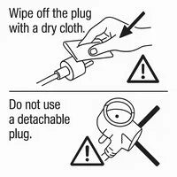 Illustration showing a hand using a dry cloth to wipe a power plug before insertion, demonstrating the correct procedure for cleaning moisture, dust, or foreign substances from the plug prior to use.