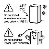 Illustration showing a water purifier installed outdoors in a cold environment with snowflakes or cold temperature indicators around it, and a warning symbol, indicating the product should not be installed where temperatures drop below 41°F (5°C).
