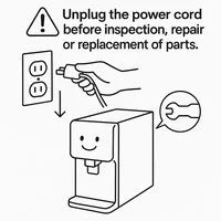 Illustration of a water purifier or dispenser unit with a smiling face icon. A hand is shown reaching behind the unit to unplug the power cord from the wall outlet, indicating the product must be unplugged before any inspection, repair, or parts replacement.