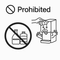 Cartoon illustration showing two bottles labeled 'BENZENE' and 'THINNER' with a prohibition symbol (red circle with diagonal line) overlaid, indicating these chemicals must not be used to clean the water purifier.