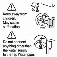 Illustration showing a water purifier/dispenser unit with a pipe connection at the back. A label reads 'Drinking Water' indicating only drinking water tap supply should be connected. A hand appears to be connecting or adjusting the pipe fitting.