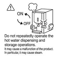 Illustration of a water dispenser with ON and OFF labels and arrows indicating repeated switching. Steam or vapor appears to be coming from the dispenser, suggesting overheating or malfunction caused by repeatedly toggling the hot water dispense function on and off.