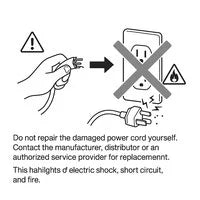 Illustration showing a wall power outlet with a large blue X mark overlaid on it, indicating that use should be stopped when the outlet is shaky or damaged. The outlet appears as a standard two-prong receptacle viewed straight-on.